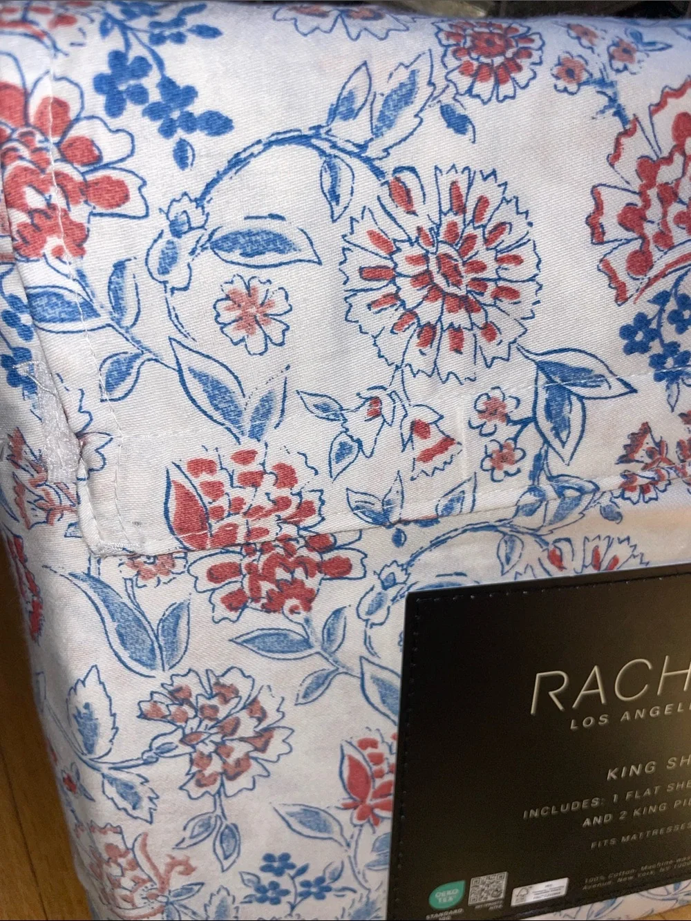 Rachel Zoe Floral King Sheet Set in Red and Blue floral on white background
